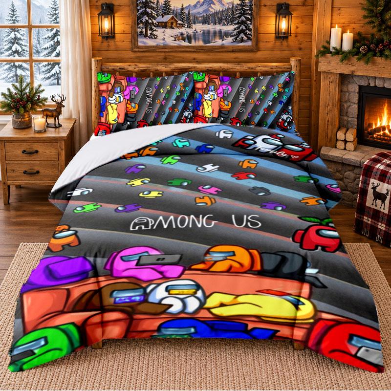 Among Us Pattern Bedding 3Pcs Set Bed Sheet And Pillowcases For Indoor Bedroom