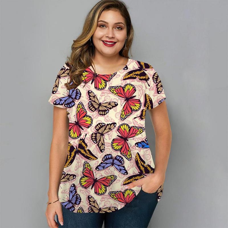 Summer Round Neck 3D Floral Butterfly Printed Top Fashionable Casual Short Sleeved Women's Plus SizeT-shirts