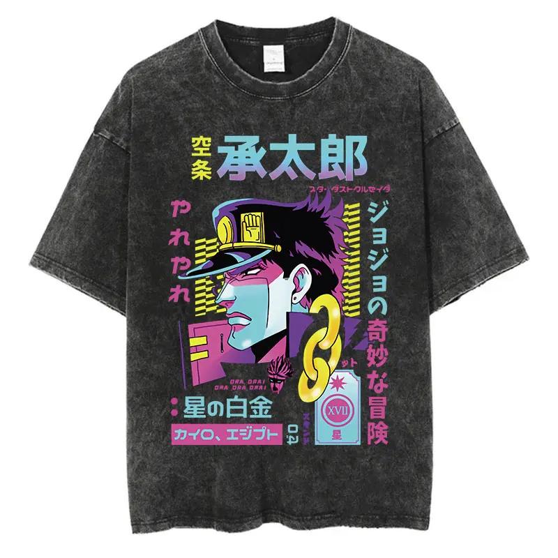 Vintage Washed TShirt Men Summer Hip Hop Streetwear Tshirt JoJo Bizarre Adventure Anime Print Cotton Casual Short Sleeve Tshirt
