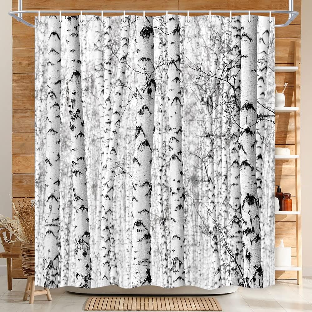 Wathon Birch Trees Shower Curtain Gray Tree Bathroom Decor Winter Birch Forest Bath Curtain Neutral Black and White Bath Set Rustic Winter Forest