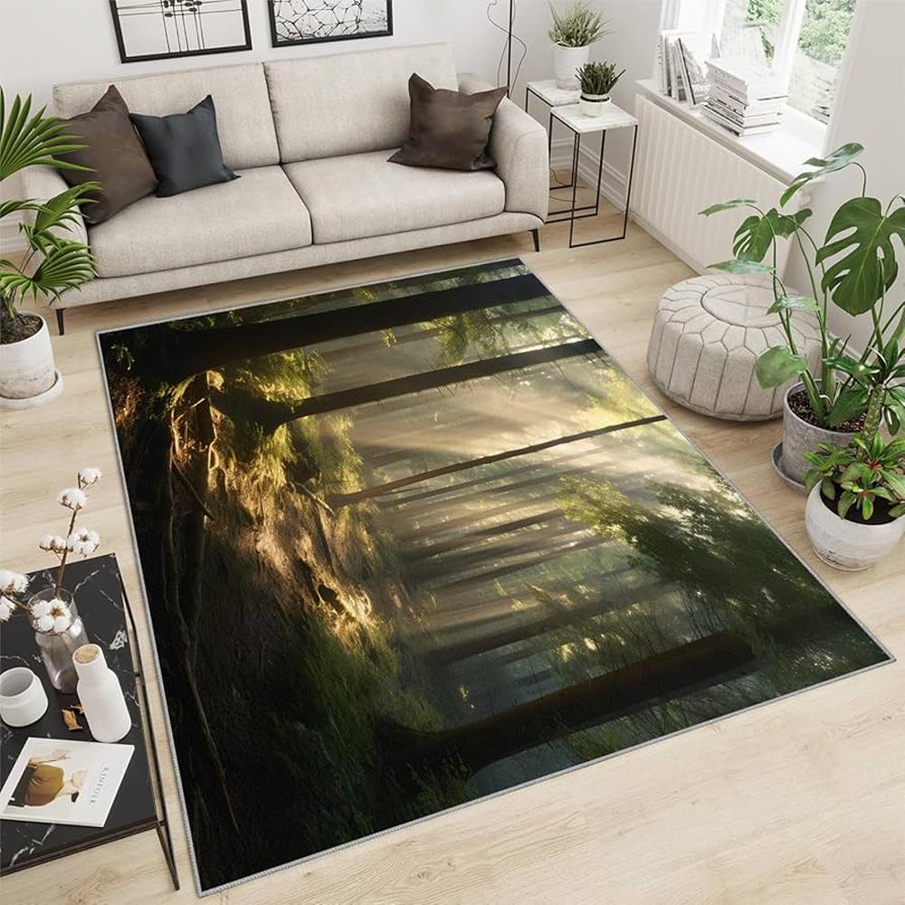 Forest Landscape Print Area Rug Soft Flannel Washable Floor Mat for Living Room Bedroom Entryway Nature Themed Home Decor