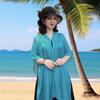 Summer Shawl V-Neck Buttons Placket Lightweight Sun Protection Versatile Beach Shawl Solid Color Vacation Sunscreen Shawl