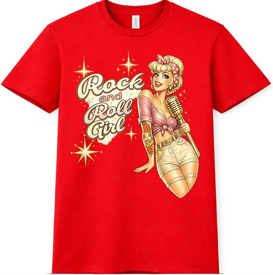 Rock N Roll Pin Up Girl T Shirt Retro Rockabilly Vintage Music Tee Gift Top 4XL