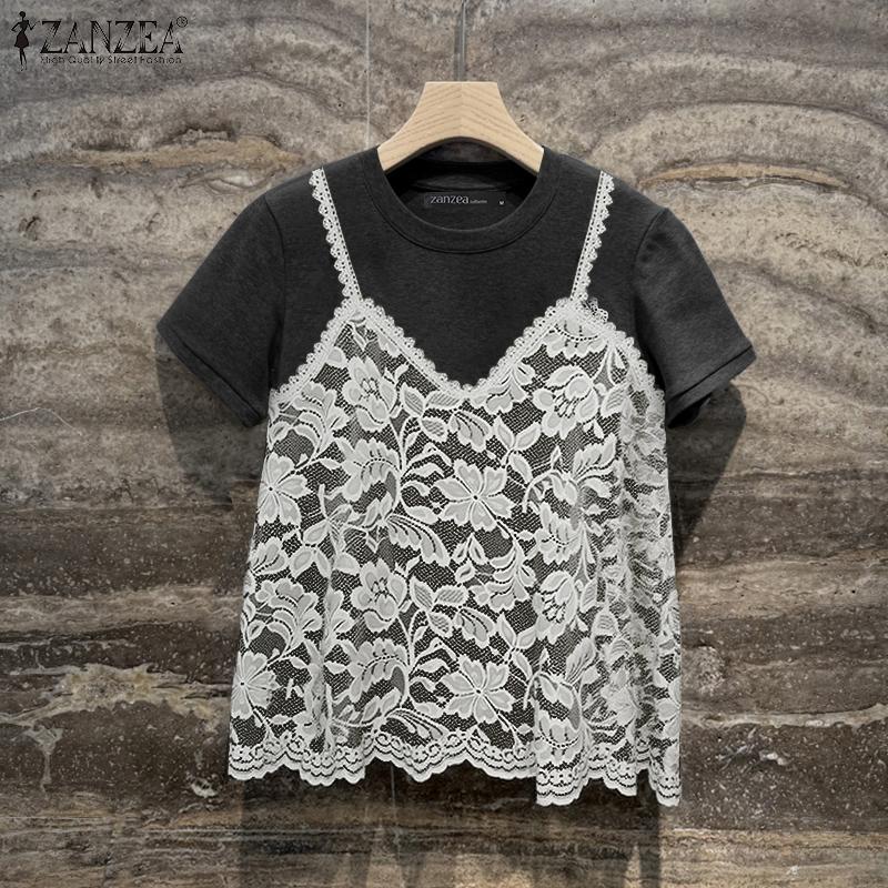 ZANZEA Women Lace Patchwork Casual Round Neck Short Sleeve T-Shirt