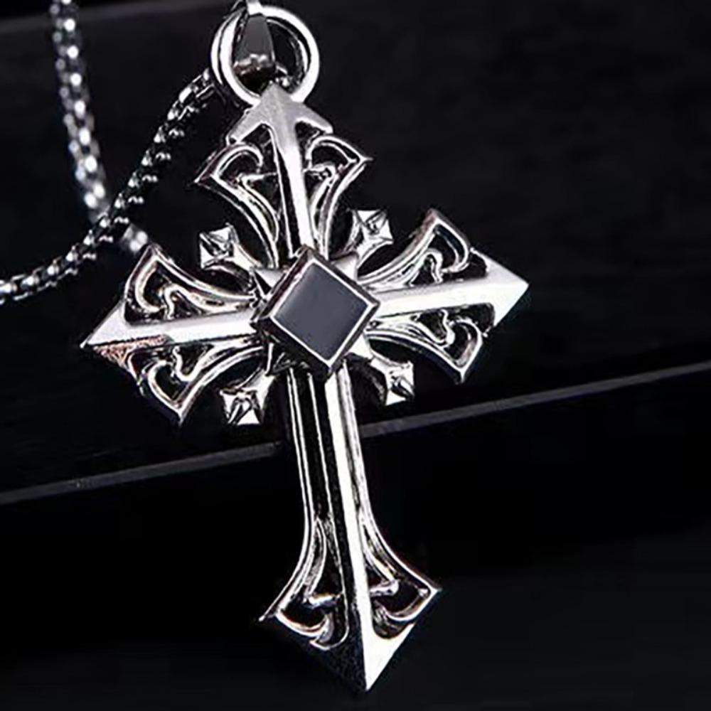 Fashion Personality Hollowed Out Pattern Red Gemstone Cross Pendant Necklace for Men Women Gothic Punk Halloween Jewelry Gifts