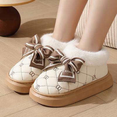 Cotton Shoes Bow PU Waterproof Bag and Household Autumn and Winter Velvet Warm Indoor Home Cotton Slippers