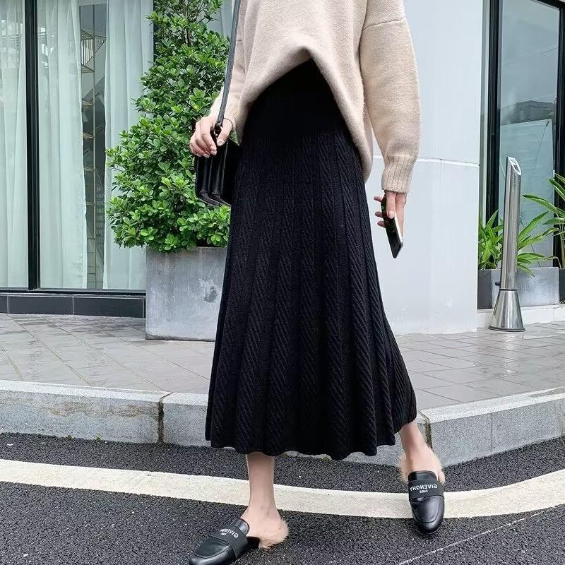 Knitted Skirt for Women In Spring and Autumn Mid Length High Waisted A-line Skirt Pleated Skirt