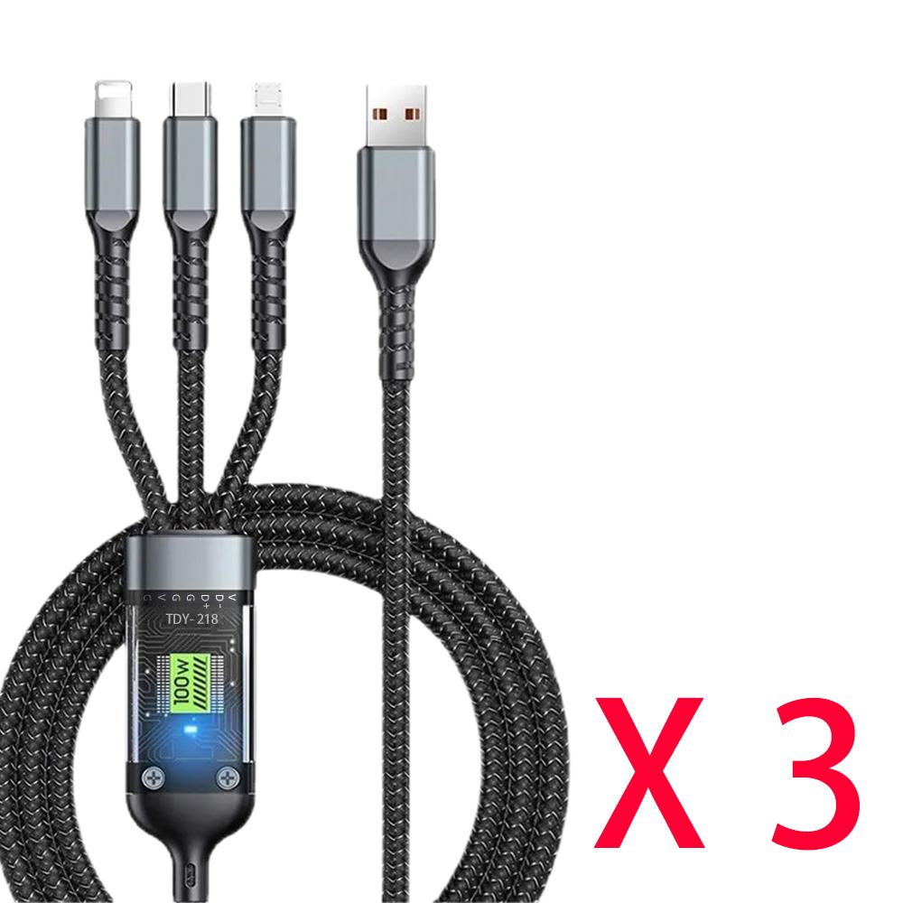 

3-in-1 USB 100W 6A Fast Charger Cable Car USB To Type-C Micro LIGHTNING Cable For 16 15 14 13 Samsung Huawei 1.2m