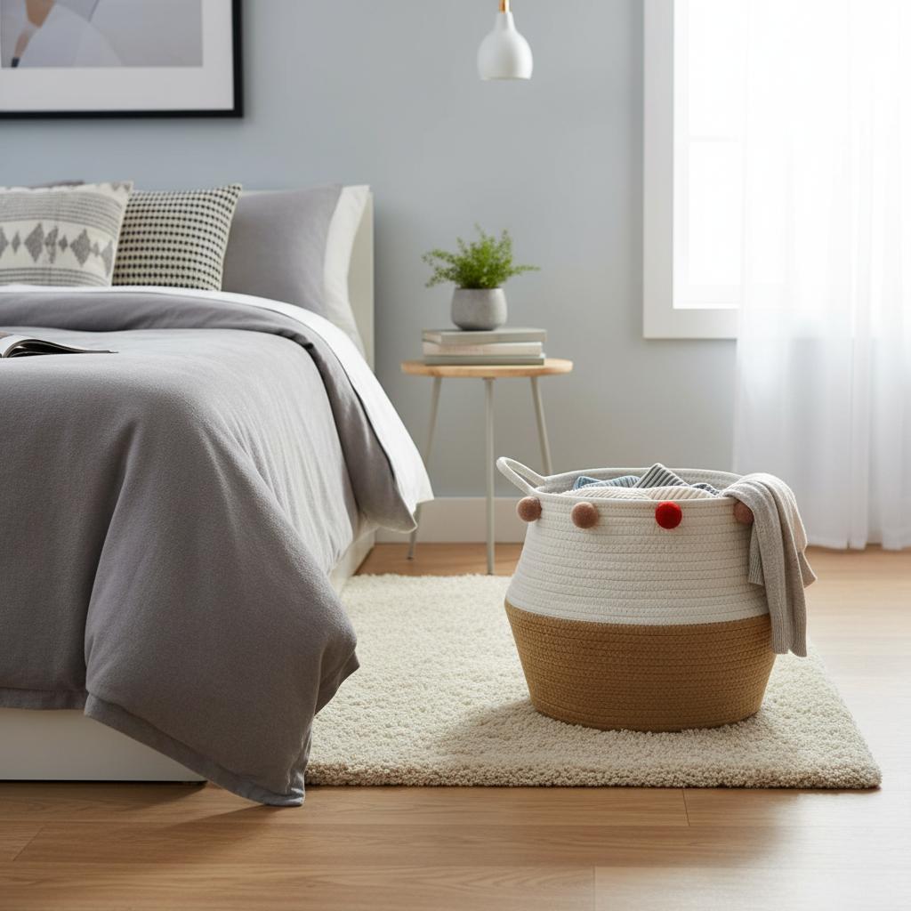 

Плетеная корзина для белья из хлопкового каната с ручками, контейнер для хранения для спальни, домашняя организация M WHITE YELLOW