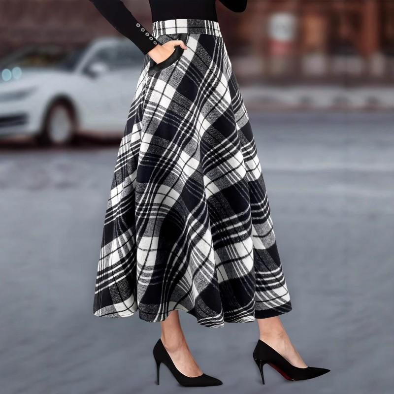 Womens Black White Plaid Wool Blend Midi Skirt With Large Pockets A-Line Office Wear Daily Commute