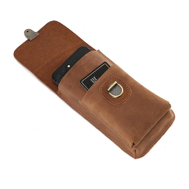Genuine Leather Men's Bag, Retro Crazy Horse Leather Phone Bag, Vertical Cigarette Bag, Top Layer Cowhide Pants, Waist Small Hanging Bag