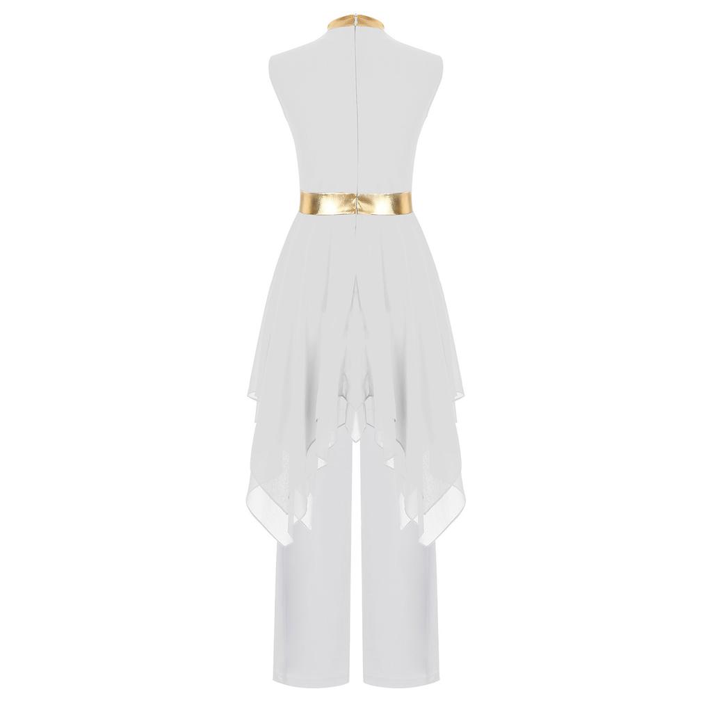 Girls Metallic Patchwork Sleeveless Dress Asymmetrical Hem Wide Leg Pants Praise Dance Set
