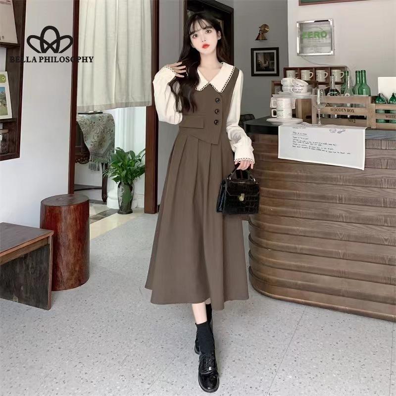 French Vintage Stitching Fake Two-piece Long-sleeved Dress Women's Spring and Autumn Doll Collar Elegant Long Dress
