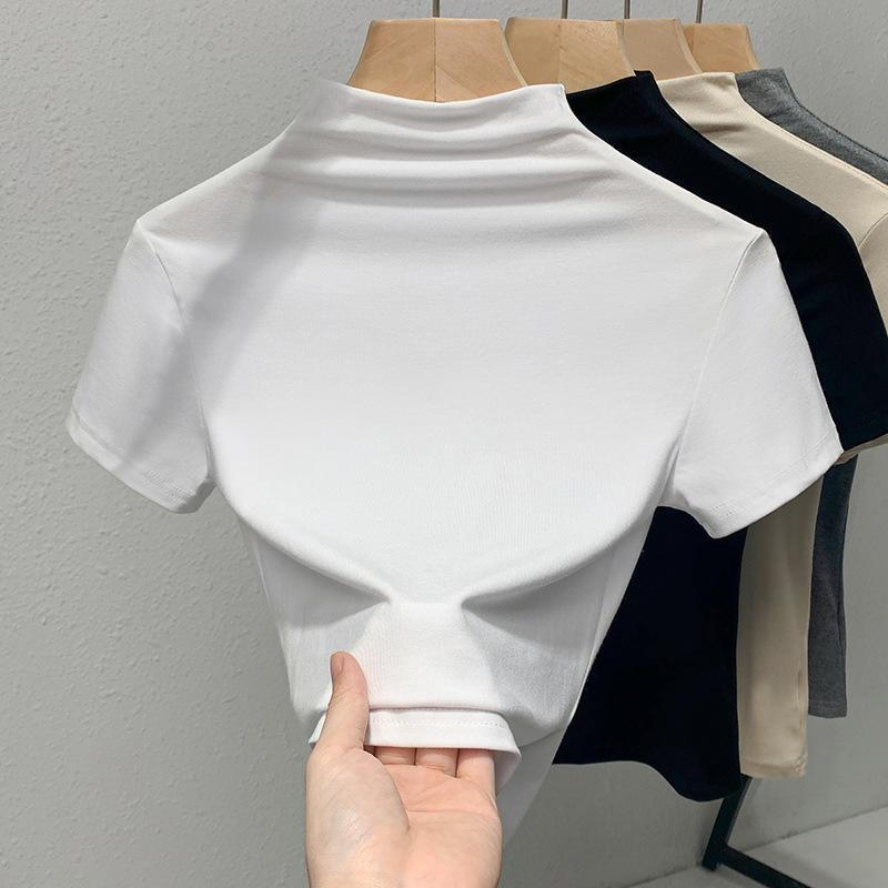 Semi-turtleneck Bottoming Shirt Women's New Women's Clothing Solid Color Inner European Shirt Temperament Short-sleeved Waist Top