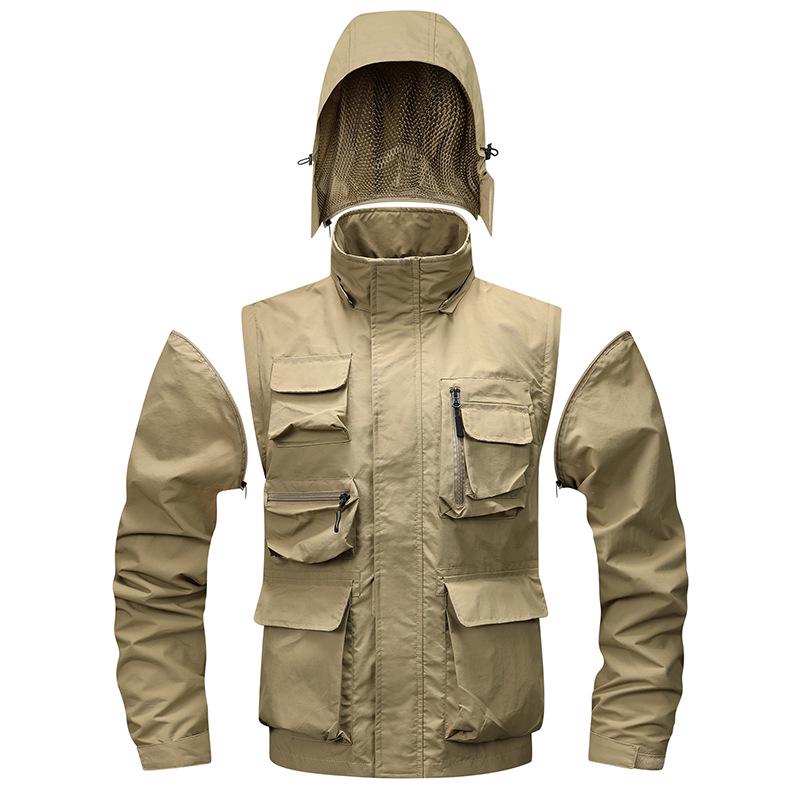 Herren Winddichter Parka mit abnehmbaren Ärmeln: Frühlings-/Herbst-Jacke mit mehreren Taschen, lockerer Schnitt, Übergröße, Freizeit-Arbeitskleidung