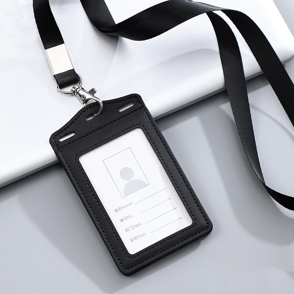 High Quality PU Leather Work Card Holder With Neck Lanyard Solid Color ID Card Cover Chest Cards Cases Business