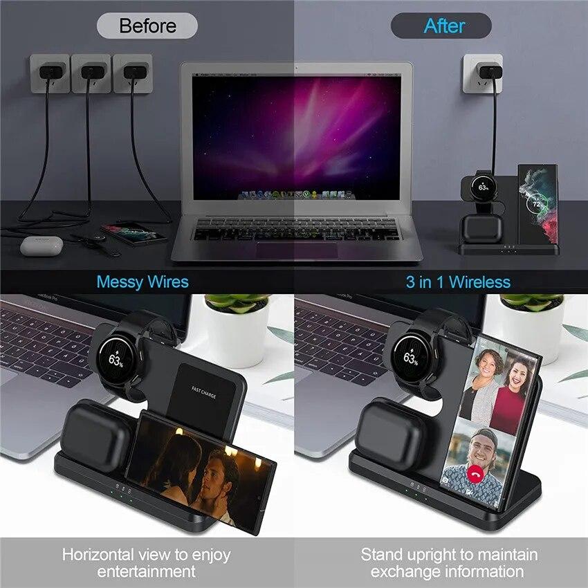 15W 3 In 1 Wireless Charger Stand  Fast Charging Dock Station for Samsung Z Fold 3 S21 S20 Galaxy Watch 5 4 Active S3 S4 Buds