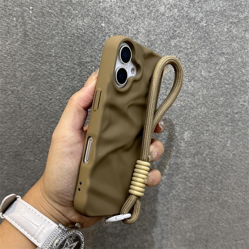 Fashion Solid Colours Pleated Lanyard Cover for iPhone 17 Air 17 16 15 14 13 12 Pro Max Plus Bracelets Slim Silicone Soft Case