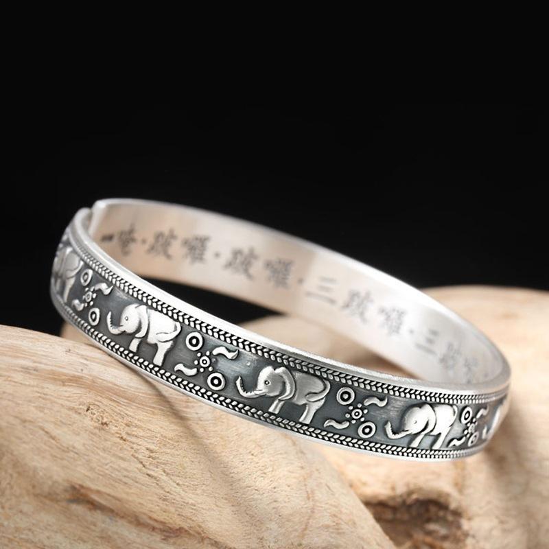 Follow-up Mantra Bangle Women Jewelry Vintage Silver-Plated Scripture Auspicious Elephant Bangle Male Retro Hand Accessories
