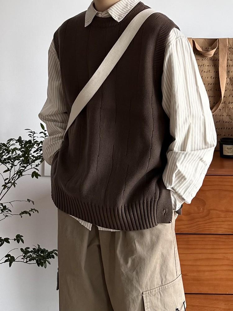 Japansk Retro Herr- & Damstickad Rundhalsad Väst för Lager på Lager Höst & Vinter