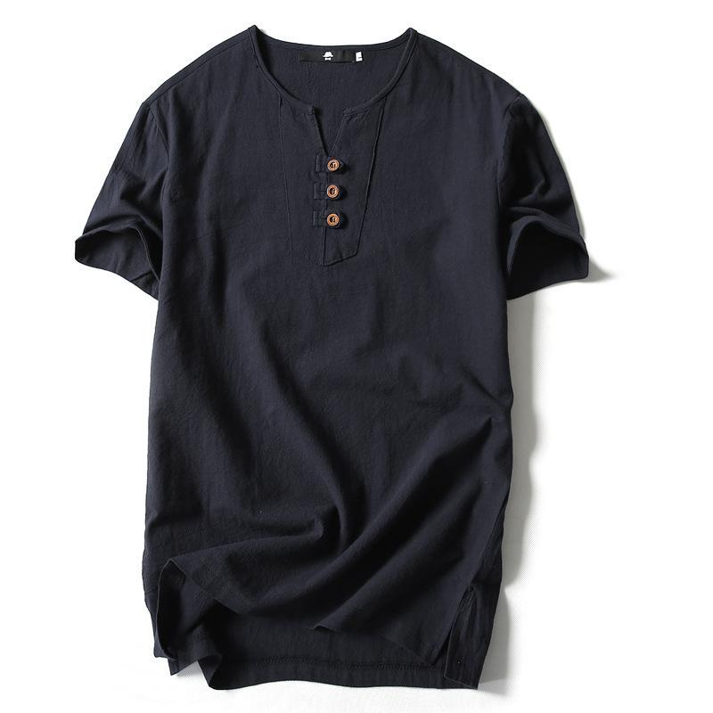 Summer  men's cotton and linen short-sleeved T-shirt men's three-button solid color large-size youth stand-up collar top