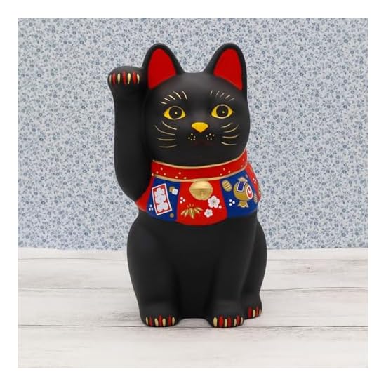 Yakushigama Maneki-neko (Lucky Cat) (Black, Large) Fukuzukushi (Includes Good Luck Sticker)