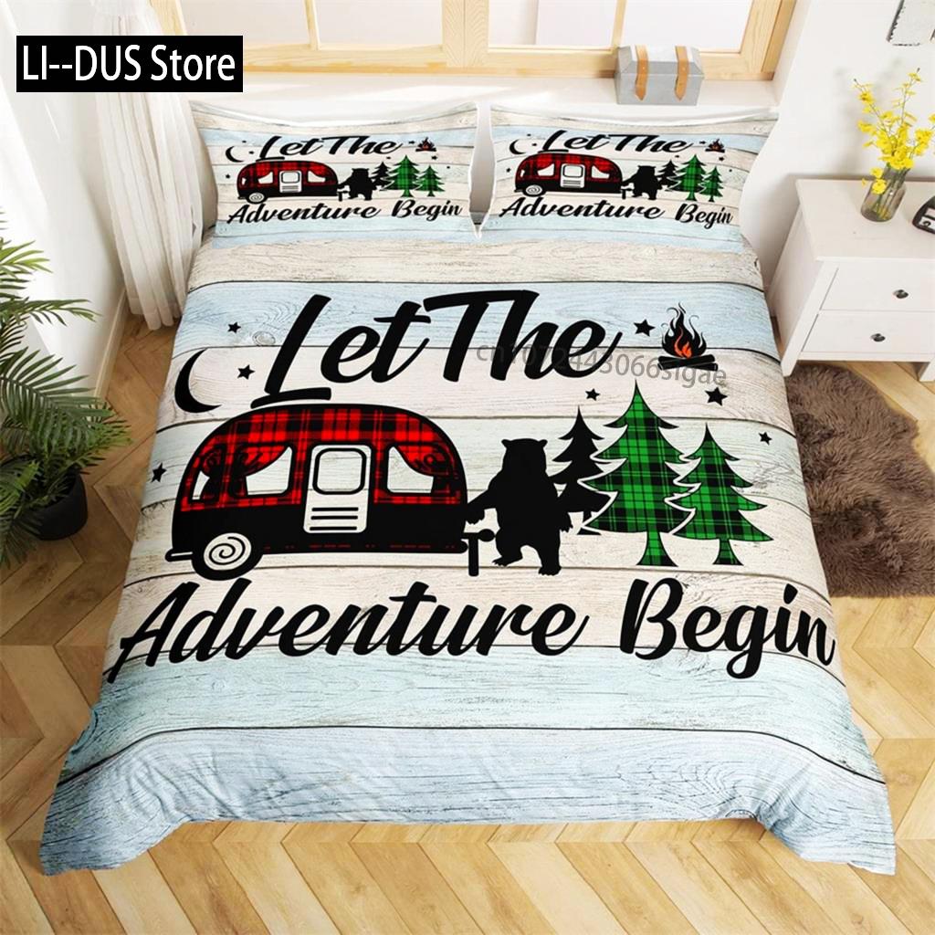 Camping Duvet Cover Set Cartoon Camper Comforter Cover Old Barn Door Bedding Set Cowboys Wooden Farmhouse Style For Kids Decor