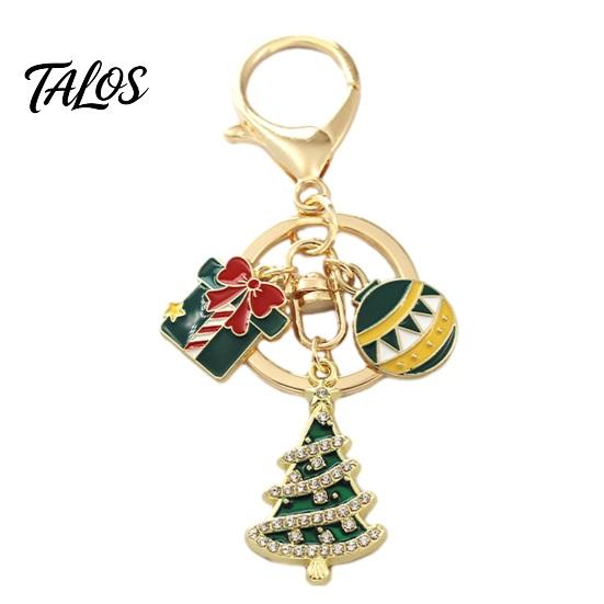 Christmas Ornament Santa Tree Snowman Keychain, Golden Plated Zinc Alloy Holiday Theme Keychain Handbags Decorative Accessory with Lobster Clasp Charm