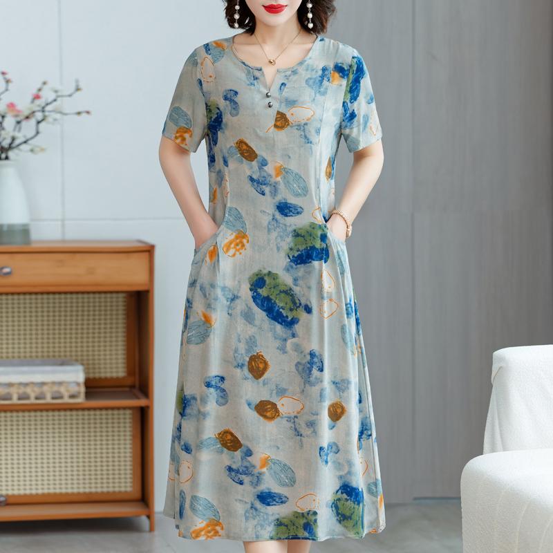 Elegante Damen-Sommerkleider Übergröße Lässig Print Kurzarm Langkleid