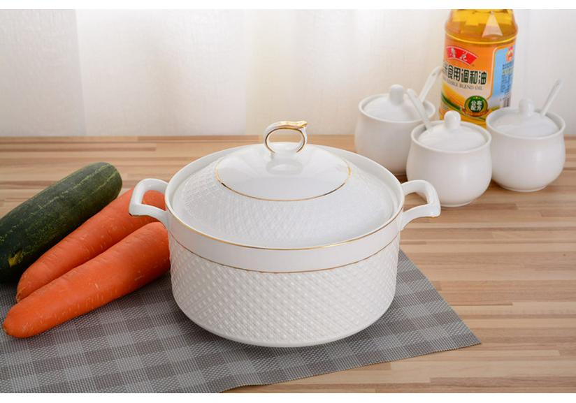 Embossed Ceramic Soup Pot with Lid, Bone China, 8-Inch Large Bowl for Home/Hotel Gift.