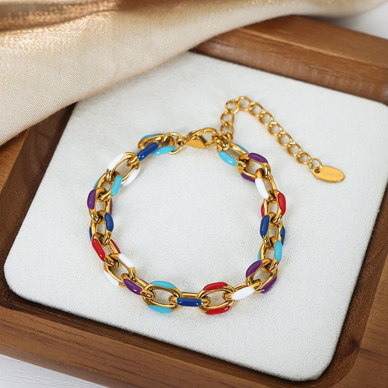 Colourful Enamel Necklace Bracelet For Women Stainless Steel 18K Gold Plated Waterproof Women's Neck Chain Bracelets Zircon Set