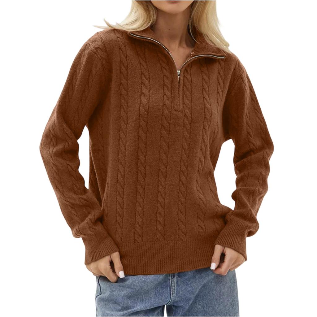 Women's Fashion Casual Loose Lazy Versatile Short Retro Cable Half Zip Long Sleeve Knit Sweater Pullover Sweater