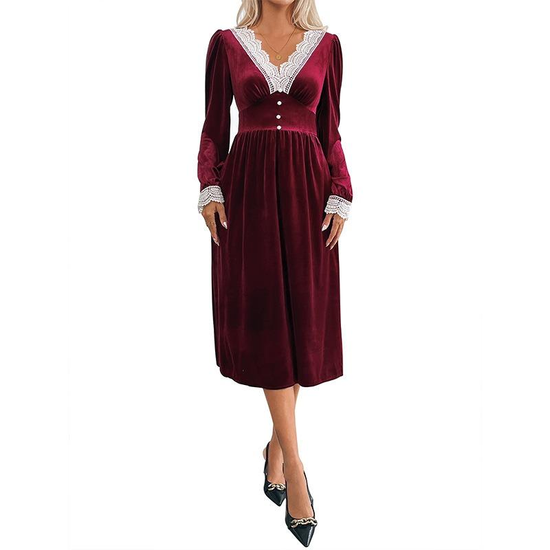 Autumn New Christmas Vintage Party Lace V-Neck Velvet Dress