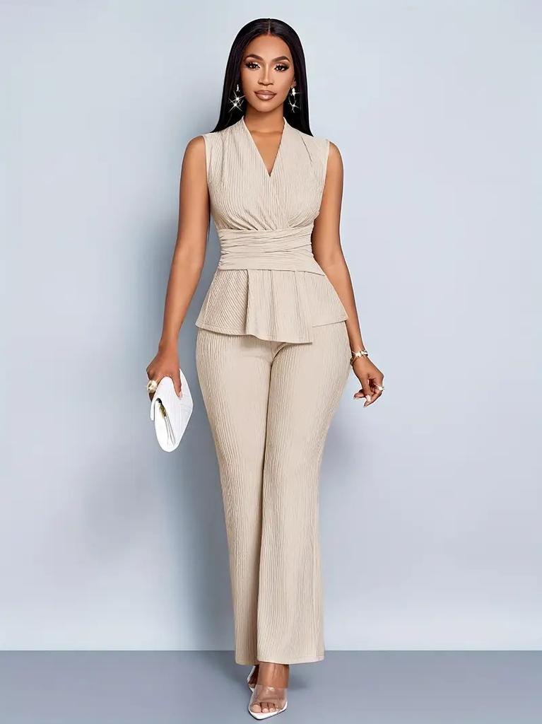 Spring and Summer Women's Two-piece Set of Elegant and Thin V-neck Sleeveless T-shirt and Wide-leg Pants Two-piece Set