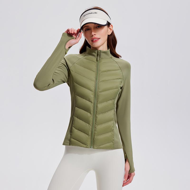 Three-proof sports down jacket women's outdoor running windproof and warm fitness top light and slim stand-up collar ribs jacket