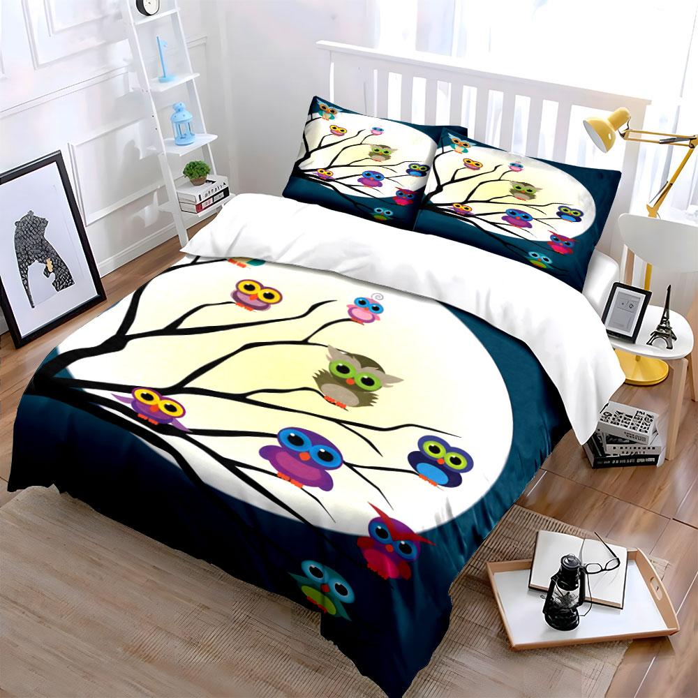 Colorful owls on branches. Bedding sets Duvet cover sets Duvet covers Pillowcases(1*Duvet Cover 2*Pillowcases without duvet insert)