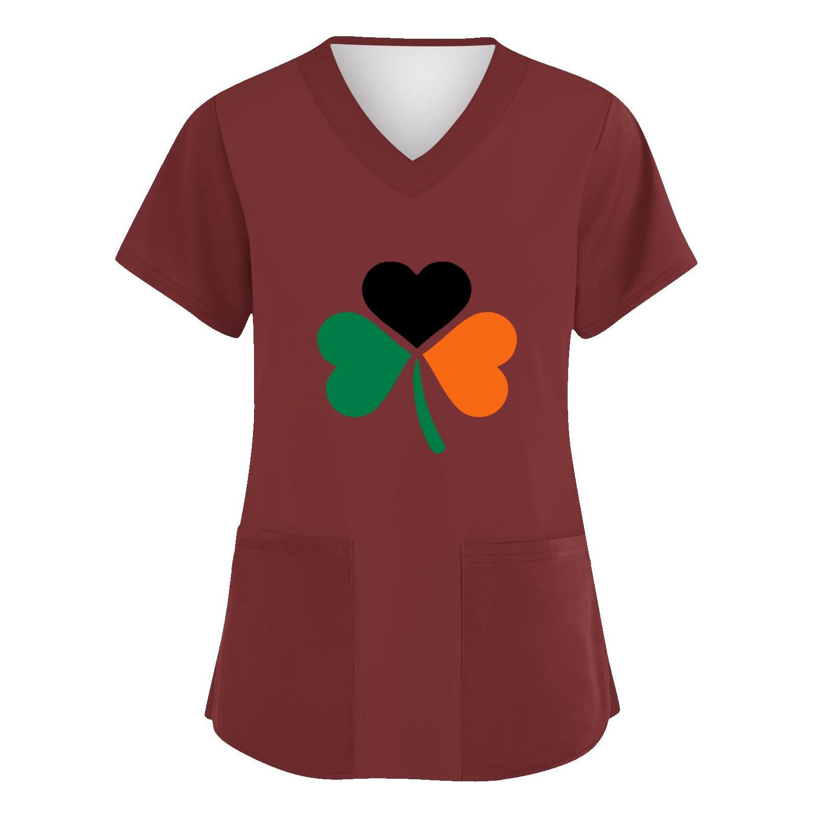 

Женская мода с v-образным вырезом, короткими рукавами и карманами, топы с принтом L красный