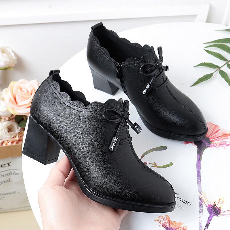 Spring 2023 Leather Bow Mid-Heel Shoes for Women