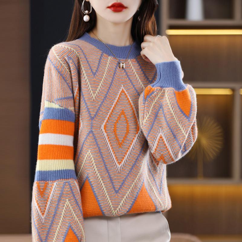 

Осень и зима новый жаккардовый утолщенный контрастный вязаный свитер круглый вырез повседневный свободный ленивый свитер с рукавами-пузырями женский One Size розовый