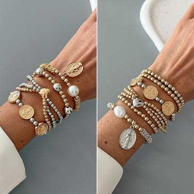 Wind Retro Jungfrau Maria Anhänger Armband, Modisches CCB Perlen Mehrschichtig Gestapeltes Armband.