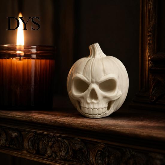 Creepy Study Table Accents 3D Printed Skull Pumpkin Ornament, White Resin Skeleton Statue, Dark Style Room Decor Halloween Themed Sculpture
