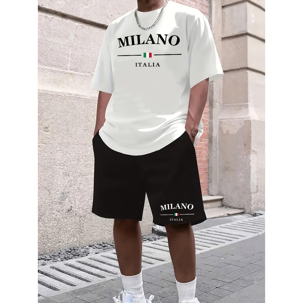 Milan English Letter Pattern Men s Short Sleeved and Shorts Casual Sports Set, with Comfortable and Soft Fabric S