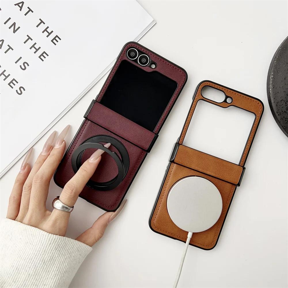 Magnetic Rotating Bracket Phone Case for Samsung Galaxy Z Flip 6 5 4 Flip6 Flip5 Flip4 Flip3 5G Leather Hinge Protective Cover