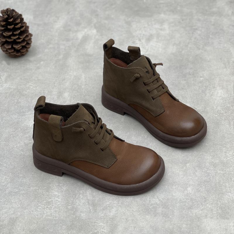 Fashion GKTINOO Natural Leather Women's Shoes Handmade Soft Cow Leather British Style Flat Autumn High-top Leisure Shoes Short Boots