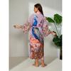 Boho Chic Pfauenmuster Strandkimono Cover-Up mit Gürtel - Langes, nicht dehnbares Wickelkleid aus Polyester für Damen