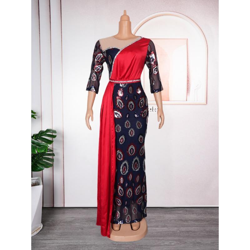 Plus Size Women's New Patchwork Color Contrast High Waist Sequin Dress