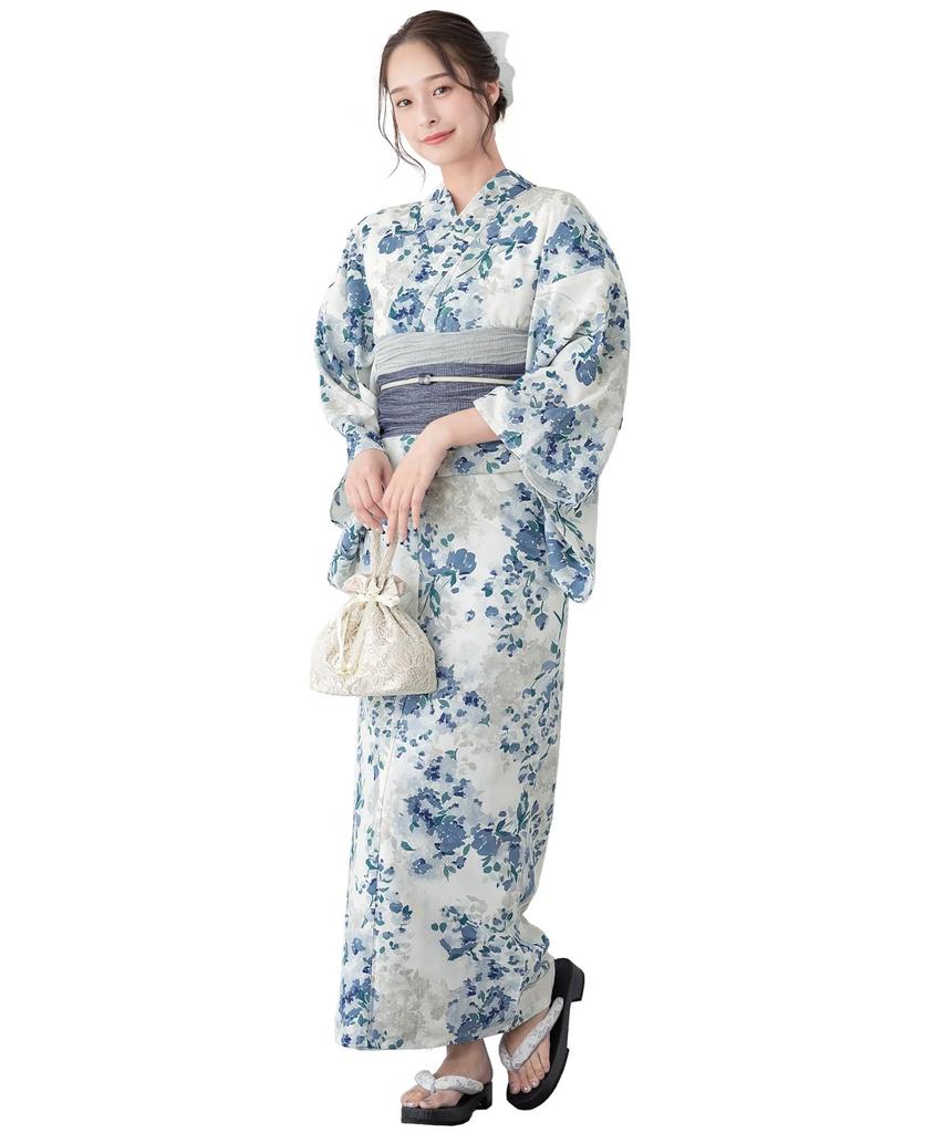 SOUBIEN Floro Yukata Set and Free Navy Blue with Hydrangea Navy Blue with Light Women's Two-Piece (Yukata Obi), Size, Pattern, Gray, Ykt10134-obs10068