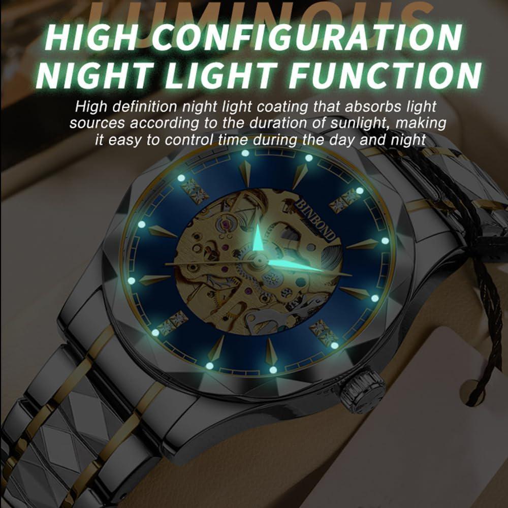 BINBOND Men's Automatic Mechanical Watch Skeleton Hollow Blue Dial Diamond Stainless Steel Waterproof Luxury Business Wristwatch