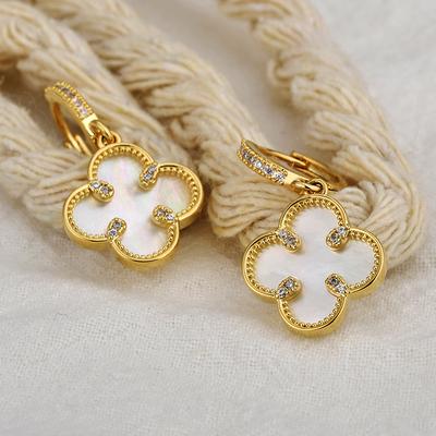 Pendientes de Trébol de Cuatro Hojas, Pendientes de Tuerca de Perla de Concha, Joyería de Diseño, Pendientes de Diamantes, Pendientes Llamativos