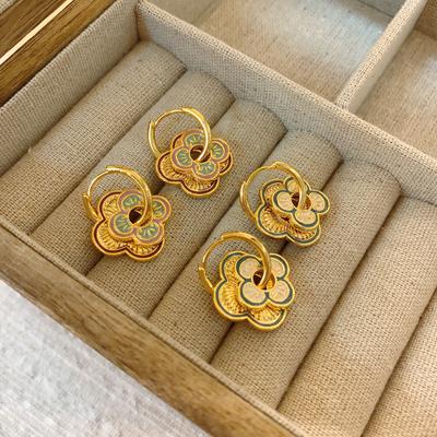 Pink Purple Enamel Earrings Women'S High-End Stud Earrings Light Luxury Temperament National Style Earrings
